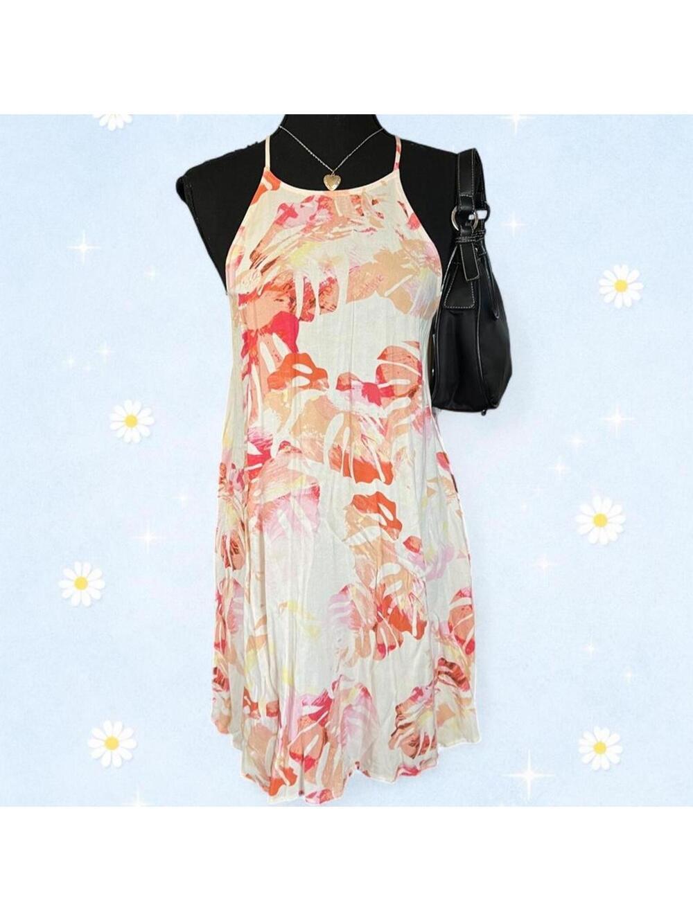 Vintage Y2K Forever 21 Tropical Coastal Beachy Halter Mini Dress Size Small 🩷